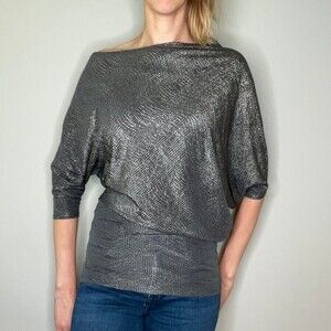 Loila Asymmetrical Sexy Glittery Blouse Top Shirt Gunmetal Gray S SM Small Light